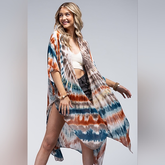 Vibrant Tie Dye Teal & Multi Color Kimono - Silky & Lightweight Material - Picture 4 of 5